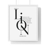 Like a Lion framed Bible verse wall art inspired by Proverbs 30:30, white frame with black and white scripture typography