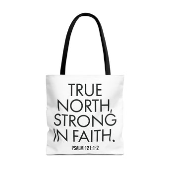 True North Strong in Faith Christian Tote Bag | Psalm 121:1-2 Scripture Gift 18" × 18'' Black