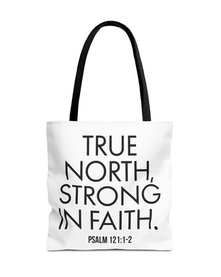 True North Strong in Faith Christian Tote Bag | Psalm 121:1-2 Scripture Gift 18" × 18'' Black