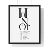 Honor Her framed Christian wall art inspired by Proverbs 31:31, black frame with black and white scripture typography