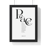 Peace framed Bible verse wall art inspired by John 14:27, black frame with black and white scripture typography