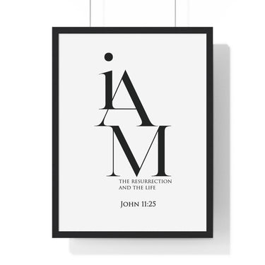 The Resurrection and the Life framed Bible verse wall art inspired by John 11:25, black frame with black and white scripture typography