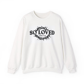 Faith Culture - So Loved John 3:16 Crewneck Sweatshirt – White | Crown of Thorns Christian Fleece Pullover