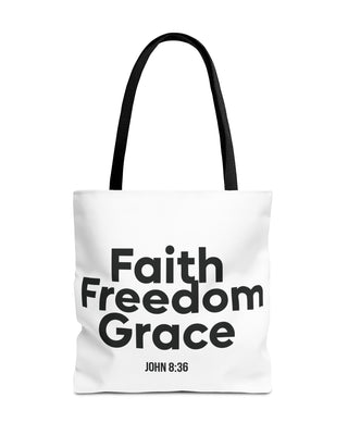 Faith Freedom Grace Tote Bag | John 8:36 18" × 18'' Black