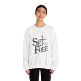 Faith Culture – Set Free Christian Crewneck Sweatshirt – White | John 8:36 Scripture Apparel