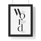 In the Beginning Was the Word framed Bible verse wall art inspired by John 1:1, black frame with black and white scripture typography