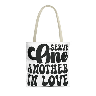 Faith Culture - Serve One Another in Love Christian Tote Bag - Inspirational Bible Verse Galatians 5:13 16" × 16'' Beige