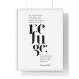 Under His Wings framed Christian wall art inspired by Psalm 91:4, white frame with black and white scripture typography