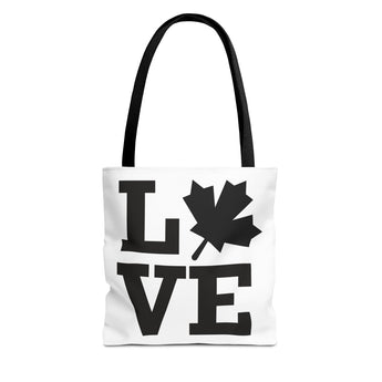 Faith Culture – LOVE Maple Leaf Tote Bag | Bold Minimalist Canadian-Inspired Carryall 13" × 13'' Black