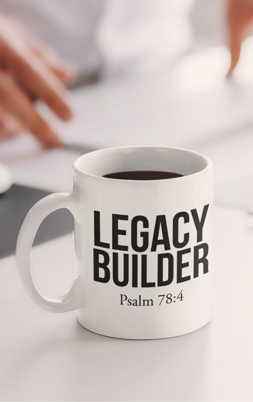 White mug with 'Legacy Builder Psalm 78:4' text on a desk with blurred hands and laptop in the background
