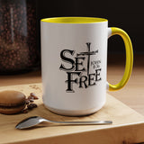 Faith Culture - Set Free John 8:36 Christian Accent Mug, 11oz & 15oz | Bold Cross Design Coffee Cup 15oz Yellow