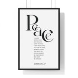 Peace Bold Verse framed Christian wall art inspired by John 14:27, black frame with black and white scripture typography
