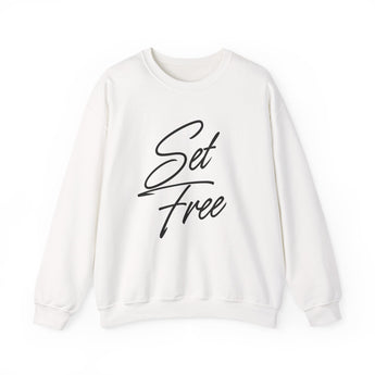 Faith Culture – Set Free Christian Crewneck Sweatshirt – White | Elegant Script Typography Sweatshirt