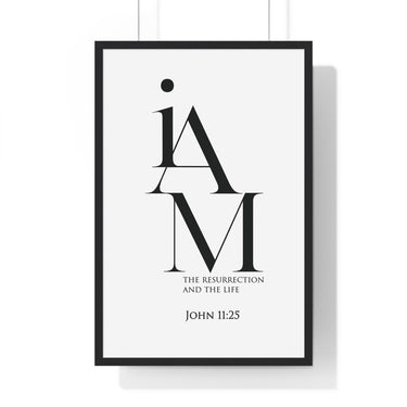 The Resurrection and the Life framed Christian wall art inspired by John 11:25, black frame with black and white scripture typography