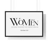 You Surpass Them All framed Christian wall art, Proverbs 31:29, black lettering on white with a black wooden frame