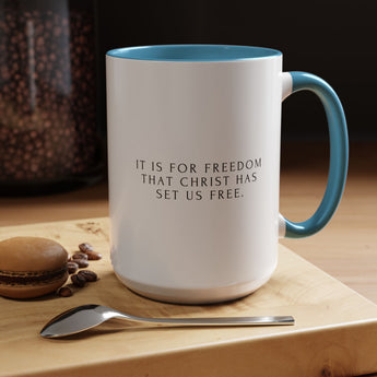 Faith Culture - Christ Has Set Us Free Christian Mug, 11oz & 15oz | Galatians 5:1 Freedom Reminder 15oz Light Blue