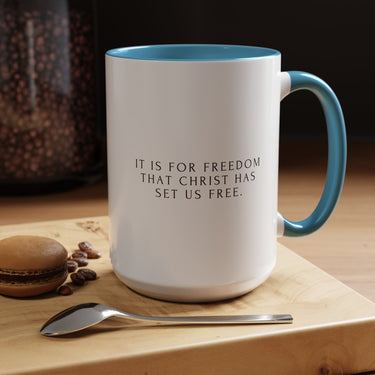 Faith Culture - Christ Has Set Us Free Christian Mug, 11oz & 15oz | Galatians 5:1 Freedom Reminder 15oz Light Blue