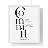 Commit Your Plans framed Bible verse wall art inspired by Proverbs 16:3, white frame with black and white scripture typography