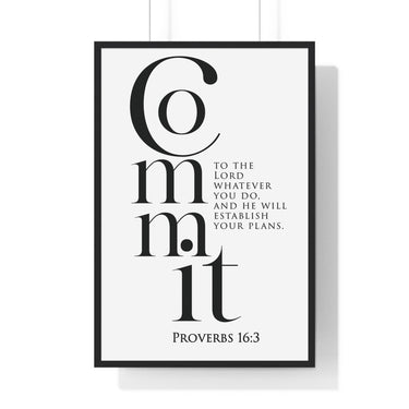Commit Your Plans framed Christian wall art inspired by Proverbs 16:3, black frame with black and white scripture typography