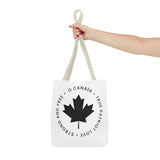 Faith Culture – O Canada Anthem Circle Tote Bag | Black Maple Leaf Minimalist Canadian Carryall 13" × 13'' Beige