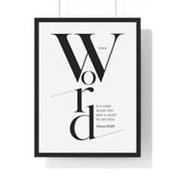 Your Word Is a Lamp framed Bible verse wall art inspired by Psalm 119:105, black frame with black and white scripture typography