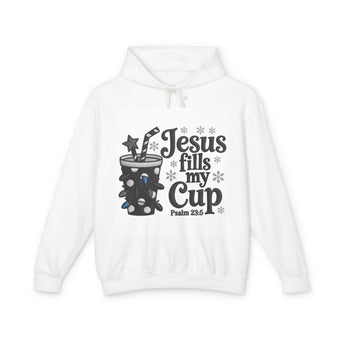 Faith Culture - Jesus Fills My Cup Unisex Christian Hoodie ā White | Psalm 23:5 Cozy Faith Sweatshirt