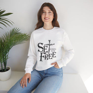 Faith Culture – Set Free Christian Crewneck Sweatshirt – White | John 8:36 Scripture Apparel