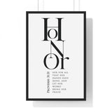 Honor Her framed Christian wall art inspired by Proverbs 31:31, black frame with black and white scripture typography