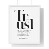 Trust in the Lord framed Bible verse wall art inspired by Proverbs 3:5, white frame with black and white scripture typography
