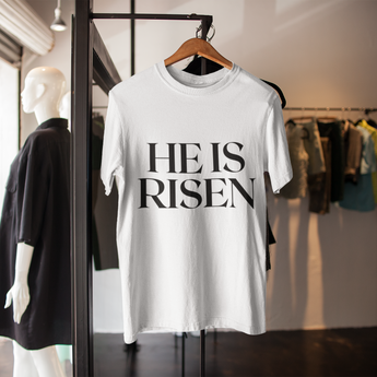 Faith Culture - He Is Risen Easter Unisex Softstyle T-Shirt – White | Minimal Christian Resurrection Tee
