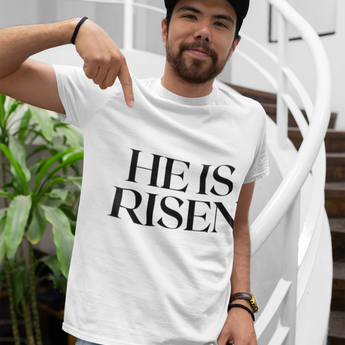 Faith Culture - He Is Risen Easter Unisex Softstyle T-Shirt – White | Minimal Christian Resurrection Tee