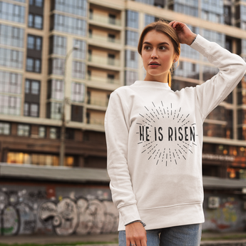 Faith Culture - He Is Risen Christian Crewneck Sweatshirt – White | Minimal Easter Resurrection Pullover