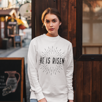 Faith Culture - He Is Risen Christian Crewneck Sweatshirt – White | Minimal Easter Resurrection Pullover