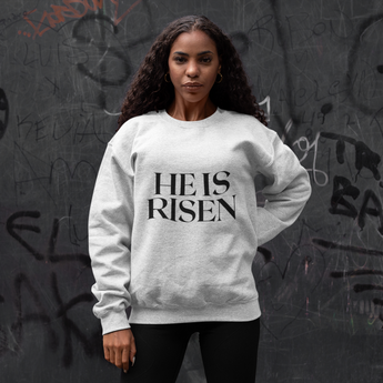 Faith Culture - He Is Risen Christian Crewneck Sweatshirt – White | Minimal Easter Faith Pullover