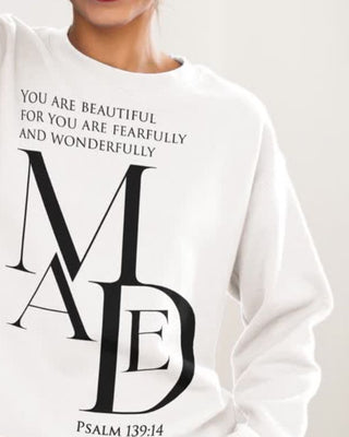White sweatshirt with black text and design on a plain background