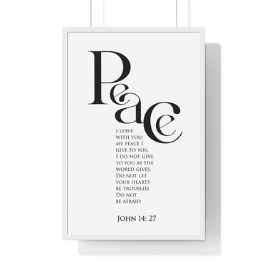 Peace Bold Verse framed Christian wall art inspired by John 14:27, white frame with black and white scripture typography