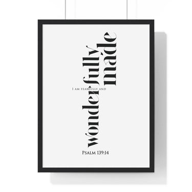 Fearfully and Wonderfully Made framed Bible verse wall art inspired by Psalm 139:14, black frame with black and white scripture typography