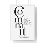 Commit Your Plans framed Christian wall art inspired by Proverbs 16:3, white frame with black and white scripture typography