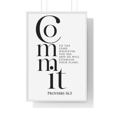 Commit Your Plans framed Christian wall art inspired by Proverbs 16:3, white frame with black and white scripture typography