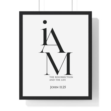 The Resurrection and the Life framed Christian wall art inspired by John 11:25, black frame with black and white scripture typography