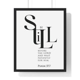 Be Still Before the Lord framed Christian wall art inspired by Psalm 37:7, black frame with black and white scripture typography