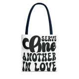 Faith Culture - Serve One Another in Love Christian Tote Bag - Inspirational Bible Verse Galatians 5:13 13" × 13'' Navy