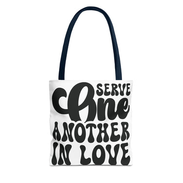 Faith Culture - Serve One Another in Love Christian Tote Bag - Inspirational Bible Verse Galatians 5:13 13" × 13'' Navy