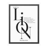 Like a Lion Proverbs 30:30 Minimalist Scripture Framed Wall Art 24" x 32" (Vertical) Black Frame
