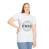 Faith Culture – Free Indeed Circle Emblem Unisex T-Shirt – White | Christian Freedom Tee with Cross Design & John 8:36