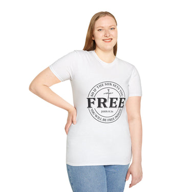 Faith Culture – Free Indeed Circle Emblem Unisex T-Shirt – White | Christian Freedom Tee with Cross Design & John 8:36