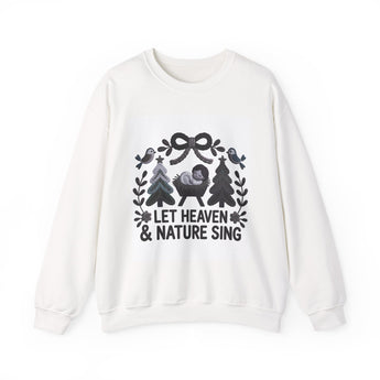 Faith Culture - Let Heaven and Nature Sing Christian Christmas Sweatshirt – White | Nativity Wreath Holiday Crewneck