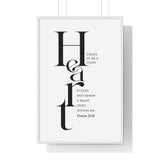 Create in Me a Clean Heart framed Christian wall art inspired by Psalm 51:10, white frame with black and white scripture typography