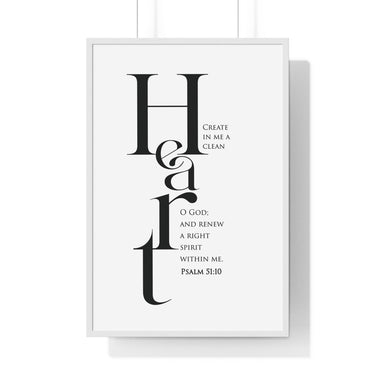 Create in Me a Clean Heart framed Christian wall art inspired by Psalm 51:10, white frame with black and white scripture typography