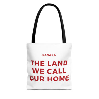 Faith Culture – The Land We Call Our Home Tote Bag | Red Canadian Anthem-Inspired Carryall 13" × 13'' Black